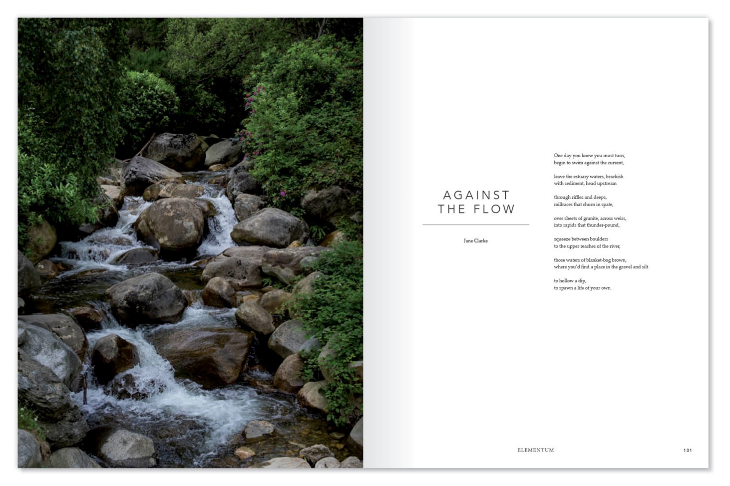 Elementum, design, print, publication, magazine, nature, clean, presentation, layout, Design79, Against the flow, river, stream, green, Cornwall