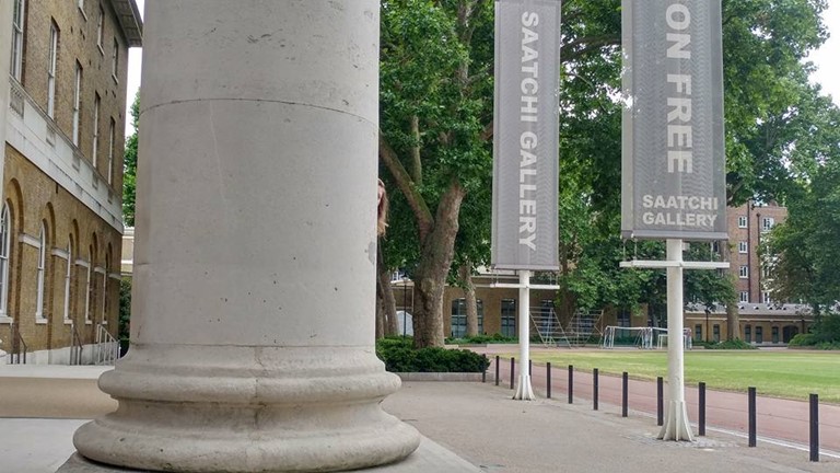 Pillars and flags outside the Saatchi Gallery in London.