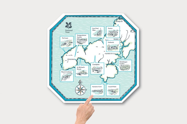 National Trust, Mayon Lookout, cliffs, Sennen, Cornwall, old building, graphic design, information panels, map