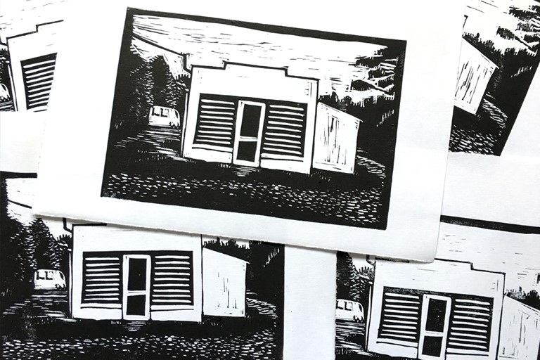 lino cut, printing, ink, illustration, art, Cornwall, sheds