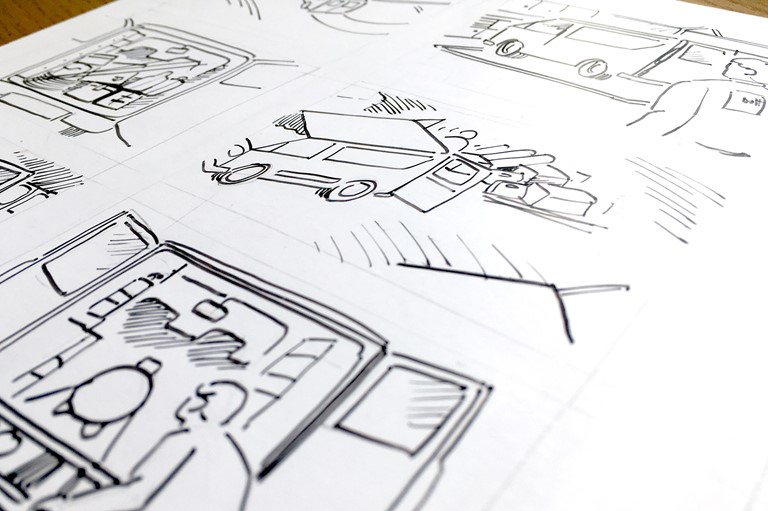 Illustration, pencil and paper of a van needing Smartvan clever racking by Bott.