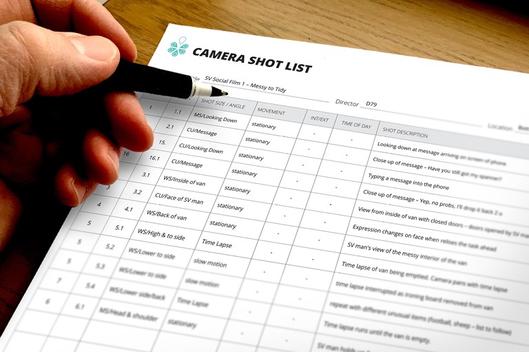 pencil and paper, shot list ready for video production