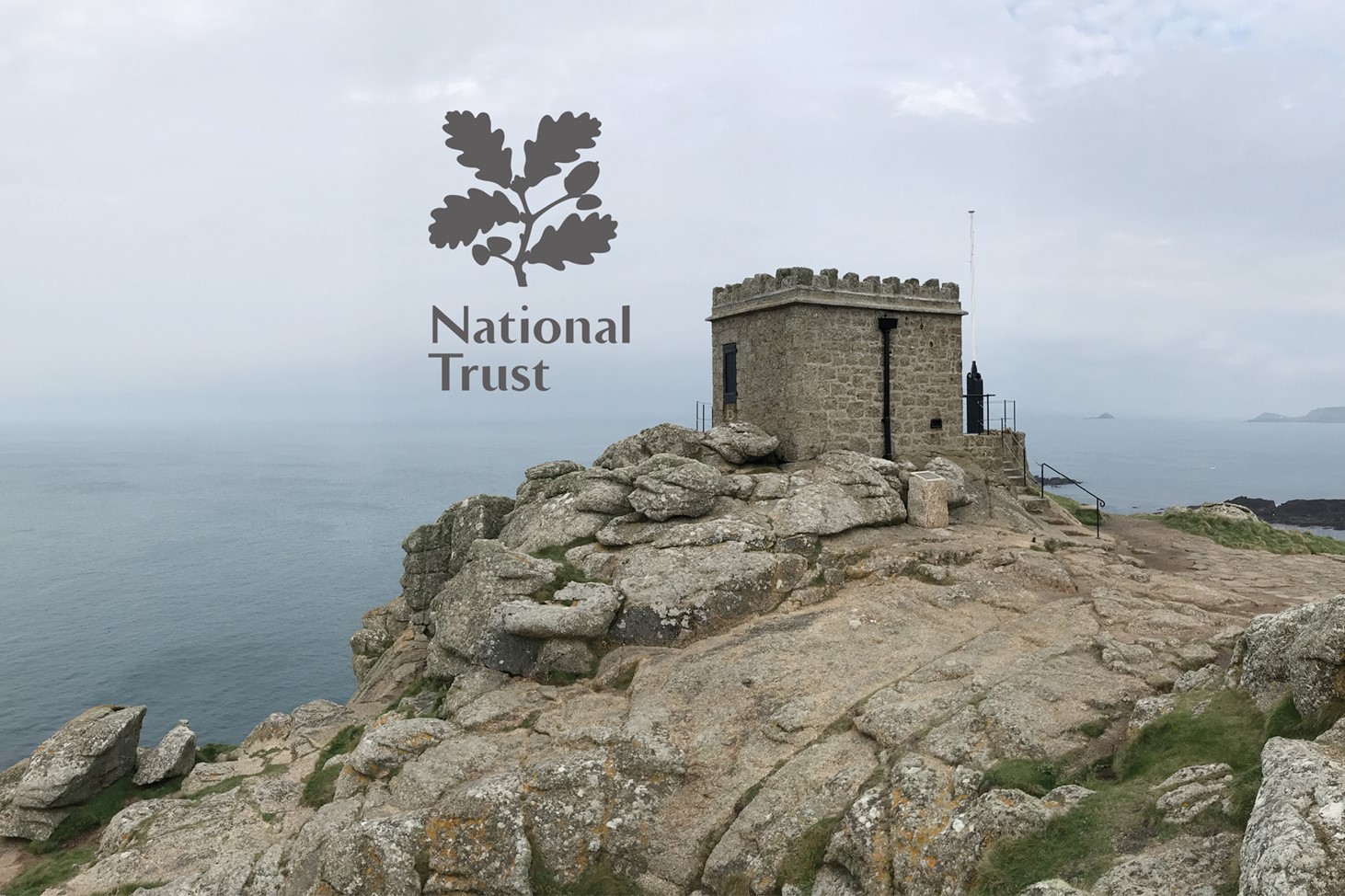 National Trust Mayon Lookout, cliffs, Sennen, Cornwall, old building, graphic design installation, day