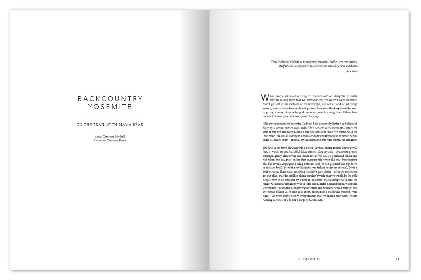 Elementum, design, print, publication, magazine, nature, clean, presentation, proof reading, layout, Design79, page, Backcountry Yosemite